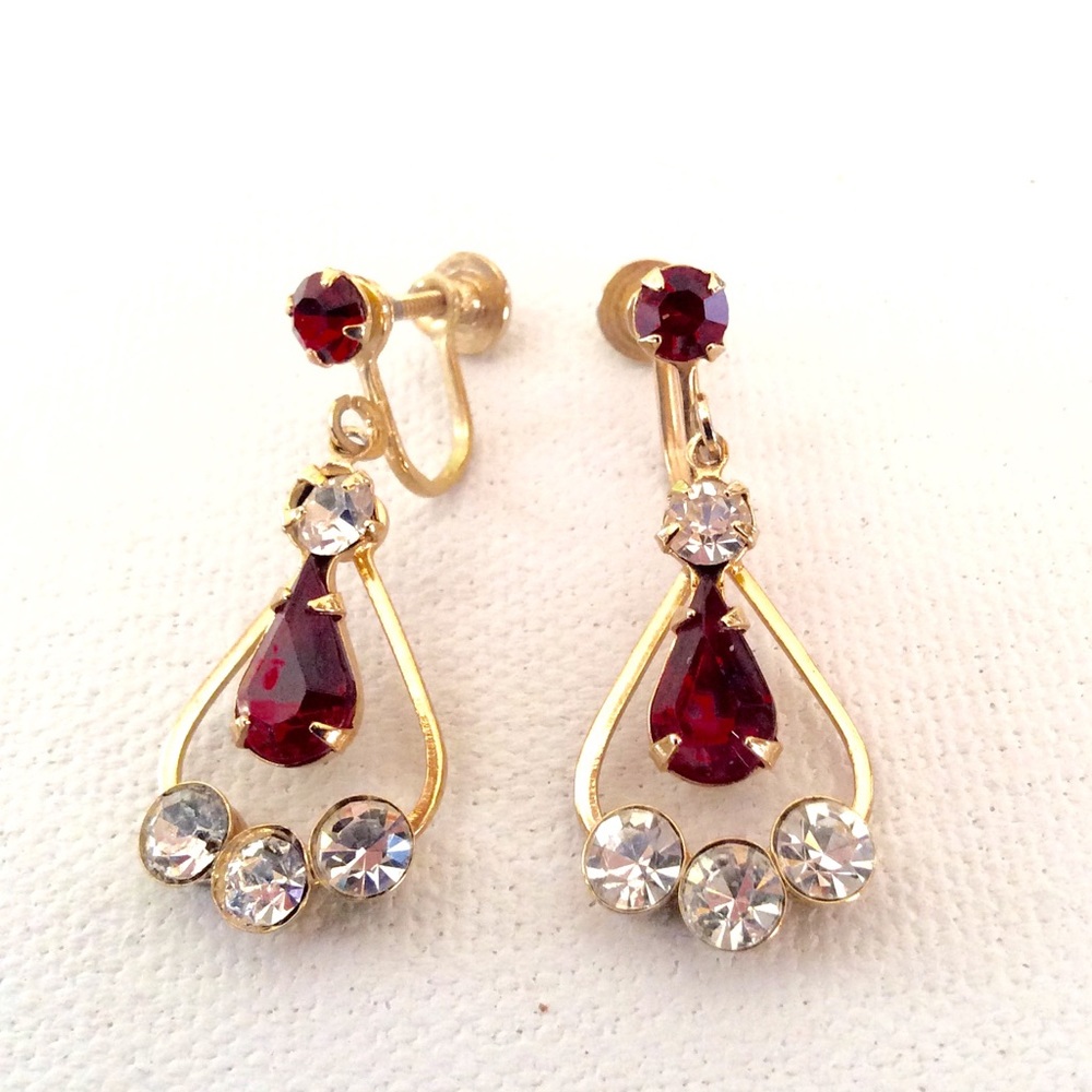 Ruby Red Rhinestone Dangle Earrings Screw Backs